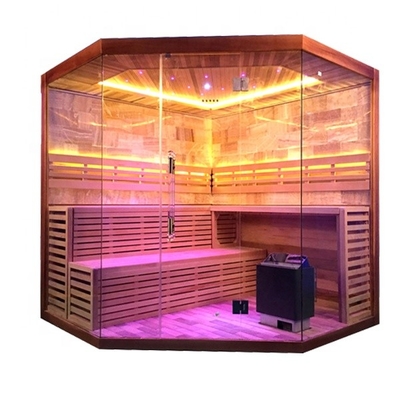 Pure Canadian Hemlock / Red Cedar Corner Sauna Steam Room 6KW 220V With Rock Salt Room