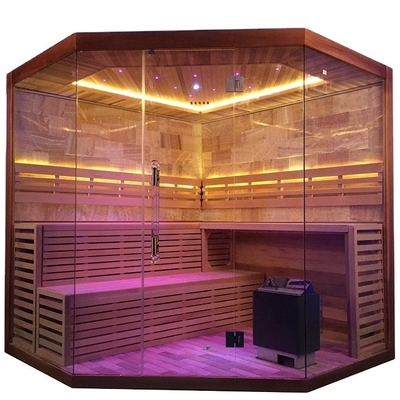 Pure Canadian Hemlock / Red Cedar Corner Sauna Steam Room 6KW 220V With Rock Salt Room