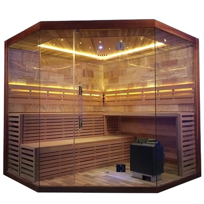 Pure Canadian Hemlock / Red Cedar Corner Sauna Steam Room 6KW 220V With Rock Salt Room